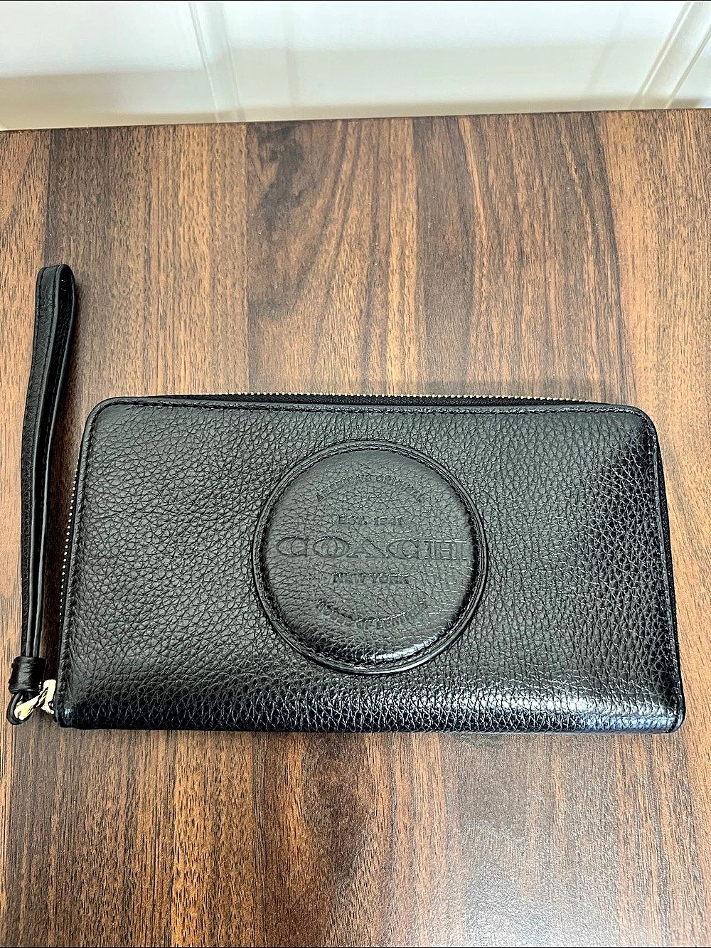 Coach Pebbled Leather Accordion Zip Around Wallet with Wrist Strap Black